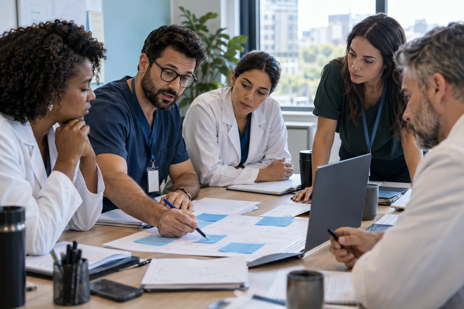 Equipe revisando prioridades e etapas de um projeto.