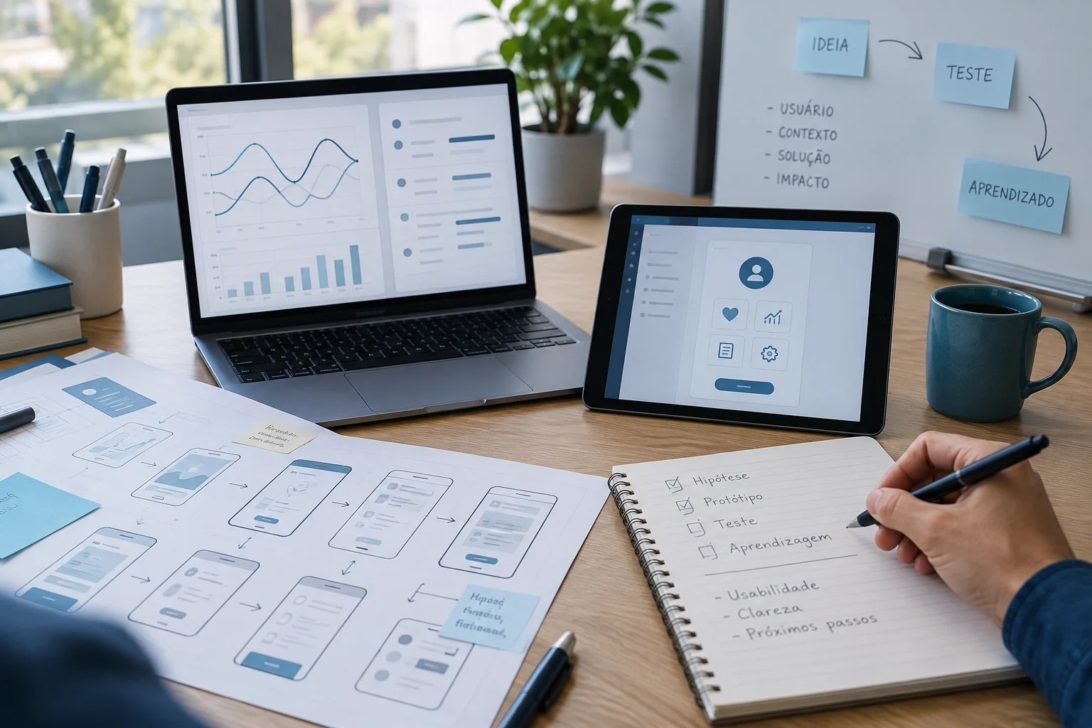 Protótipo digital, comparação de testes e registro de observações.